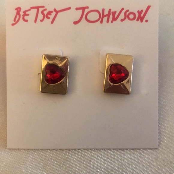 Betsey Johnson Gold Tone Envelope Stud Earrings Red Crystal Heart Accent NWT - Picture 6 of 12